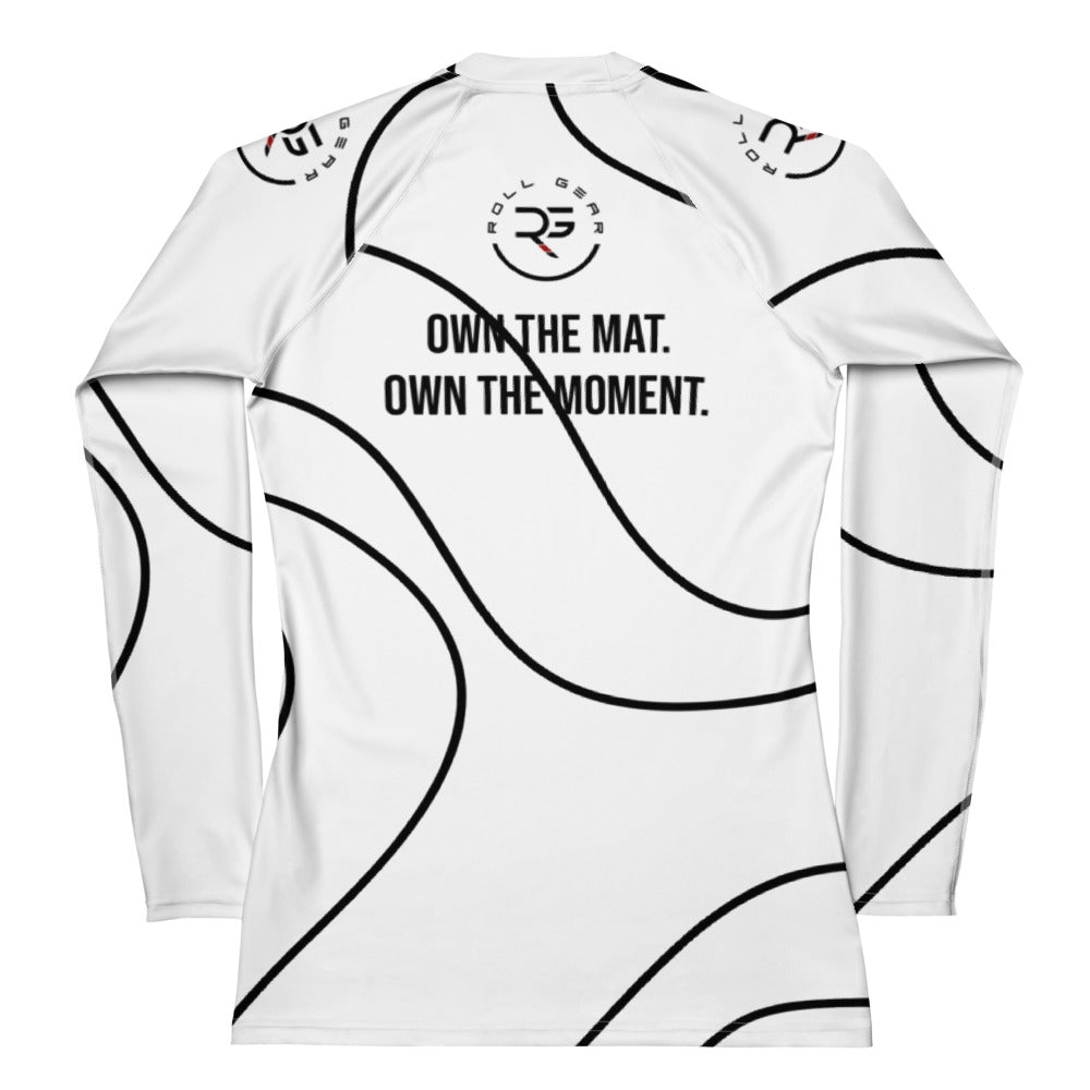 Roll Gear White Swirl Rash Guard - White/Black, Women's, back view.