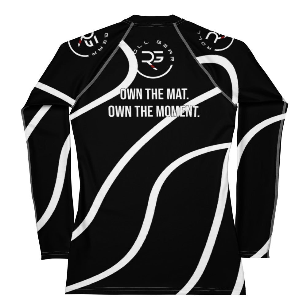Roll Gear Black Swirl Rash Guard – Black/White – Women’s, back view, all-over print.