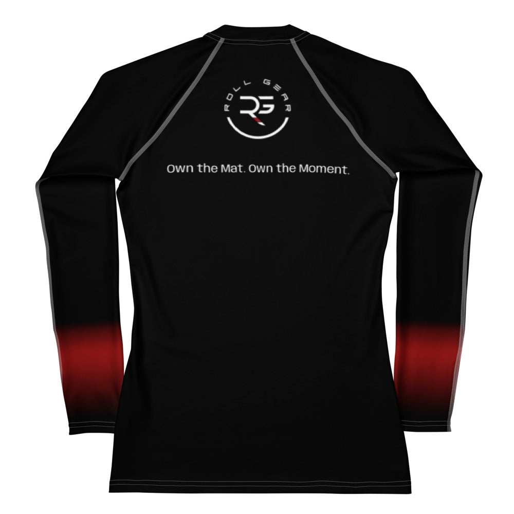 Roll Gear Black Fade Long Sleeve Rash Guard – Black/Red – Women’s, back view, all-over print.
