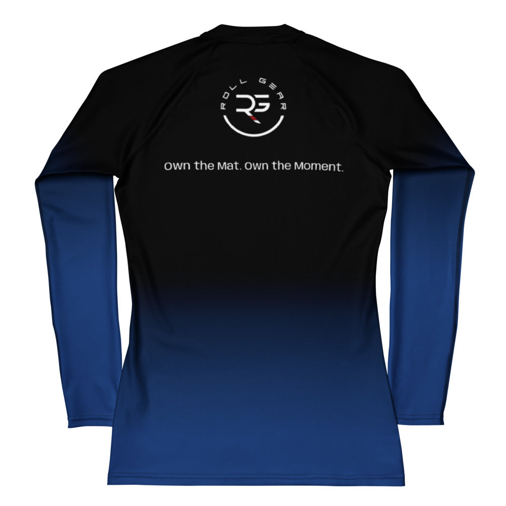 Roll Gear Blue Fade Long Sleeve Rash Guard – Blue/Black – Women’s, back view, all-over print.
