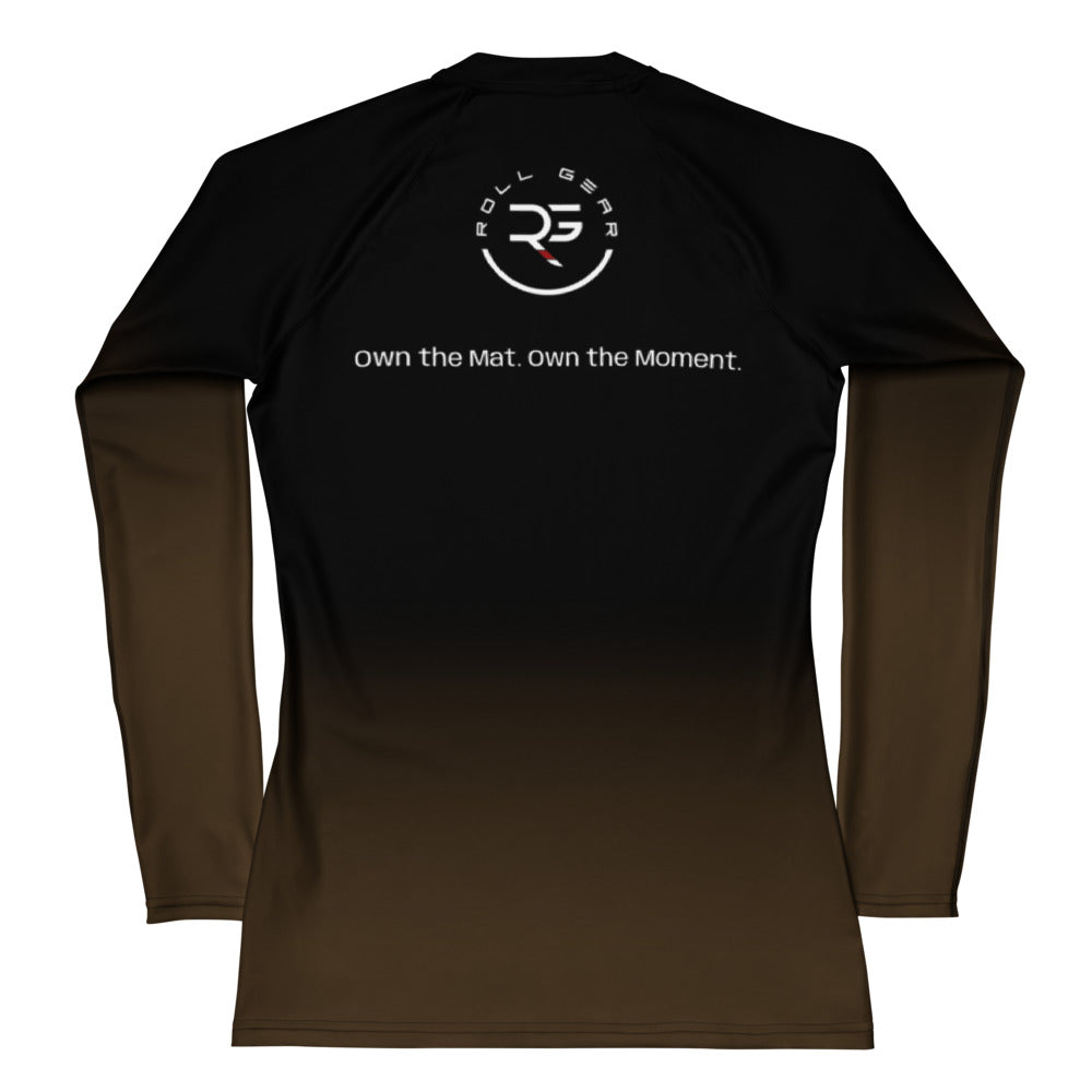 Roll Gear Brown Fade Long Sleeve Rash Guard – Brown/Black – Women’s, back view, all-over print.
