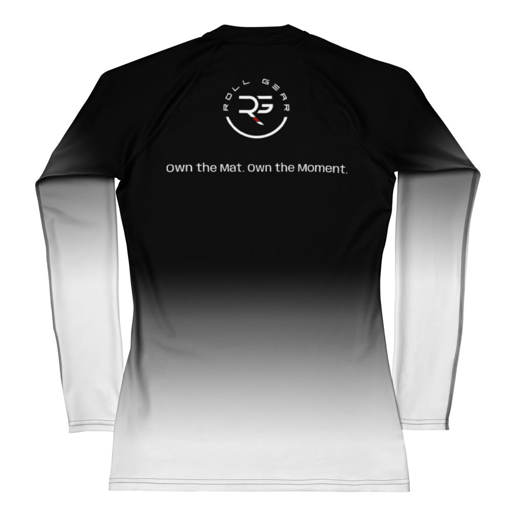 Roll Gear White Fade Long Sleeve Rash Guard – White/Black – Women’s, back view, all-over print.