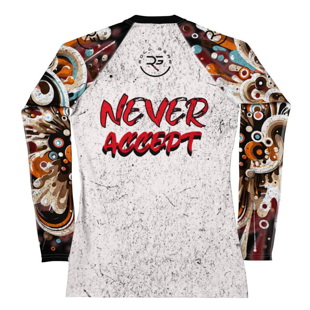 Roll Gear Never Accept Rash Guard – Black – Women’s, back view, all-over print.