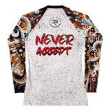 Roll Gear Never Accept Rash Guard – Black – Women’s, back view, all-over print.