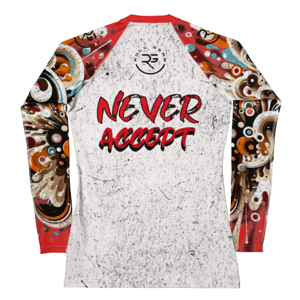 Roll Gear Never Accept Rash Guard – Red – Women's, back view, all-over print.