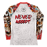 Roll Gear Never Accept Rash Guard – Red – Women's, back view, all-over print.