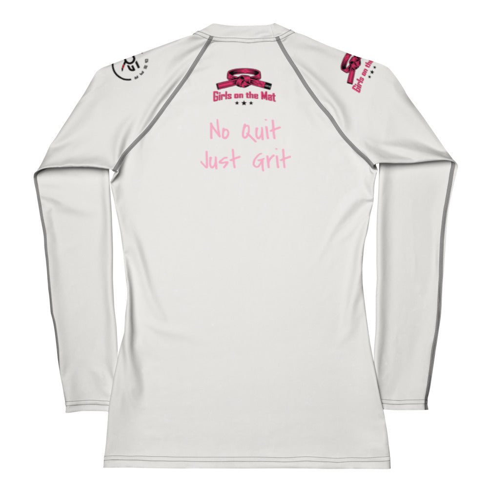 Roll Gear Tap Hype Girls on the Mat Rash Guard – Light Pink & White – Women’s Long Sleeve, back view, all-over print.
