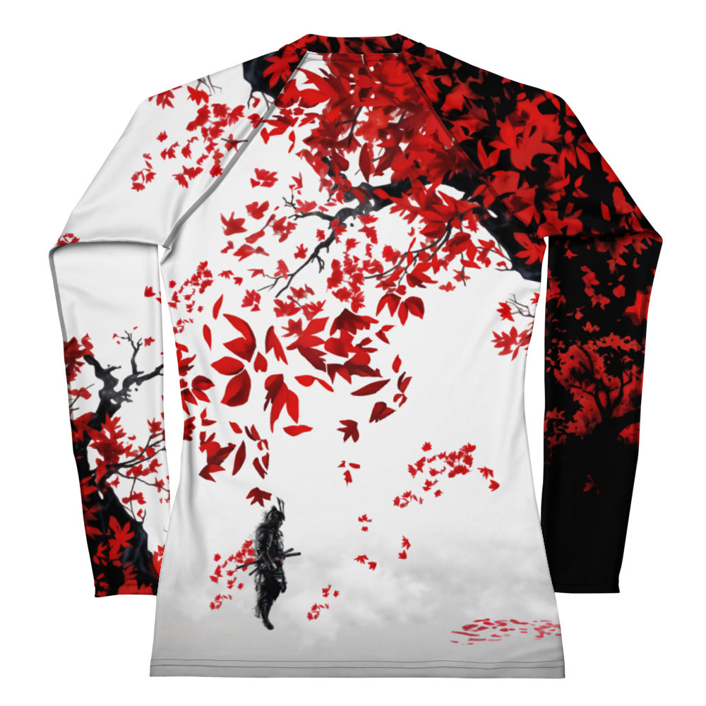 Roll Gear Shadow Dragon Warrior Rash Guard – White & Crimson – Women’s Long Sleeve, back view, all-over print.