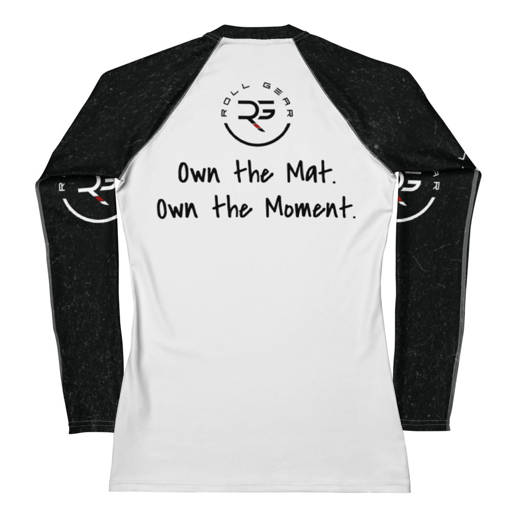 Roll Gear Tap Hype Women’s Long Sleeve Rash Guard – Orange & White, back view, all-over print.