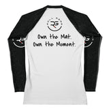 Roll Gear Tap Hype Women’s Long Sleeve Rash Guard – Orange & White, back view, all-over print.