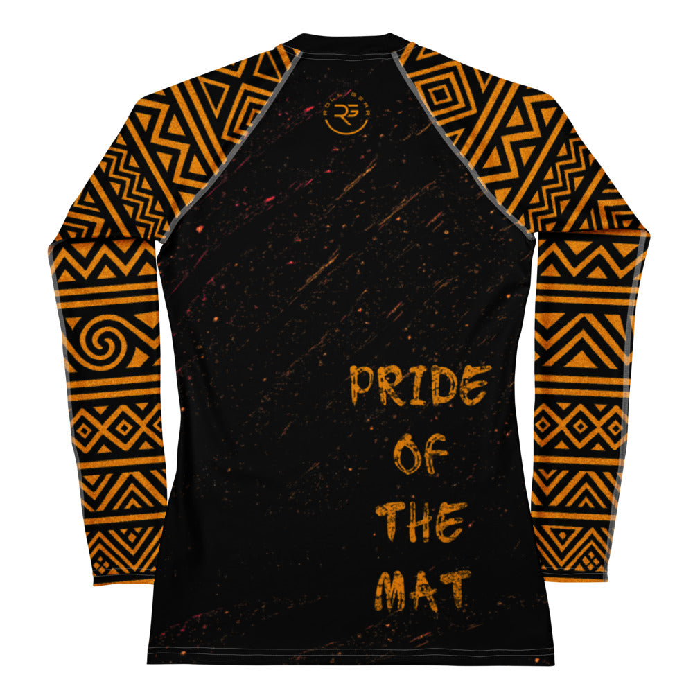 Roll Gear Lion’s Pride Women’s Long Sleeve Rash Guard – Black & Gold, back view, all-over print.