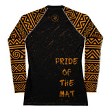 Roll Gear Lion’s Pride Women’s Long Sleeve Rash Guard – Black & Gold, back view, all-over print.