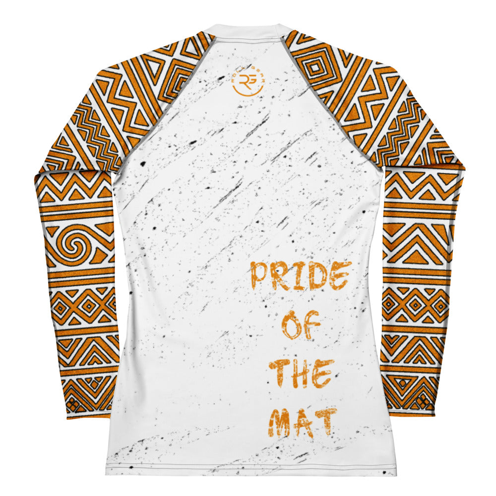 Roll Gear Lion’s Pride Women’s Long Sleeve Rash Guard – White & Gold, back view, all-over print.