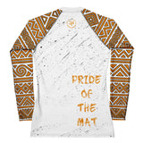 Roll Gear Lion’s Pride Women’s Long Sleeve Rash Guard – White & Gold, back view, all-over print.