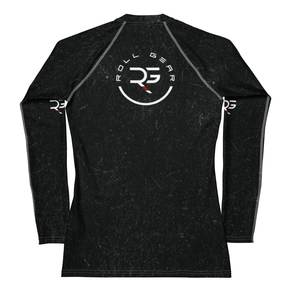 Roll Gear Earned Not Given Women’s Long Sleeve Rash Guard – Black, back view, all-over print.