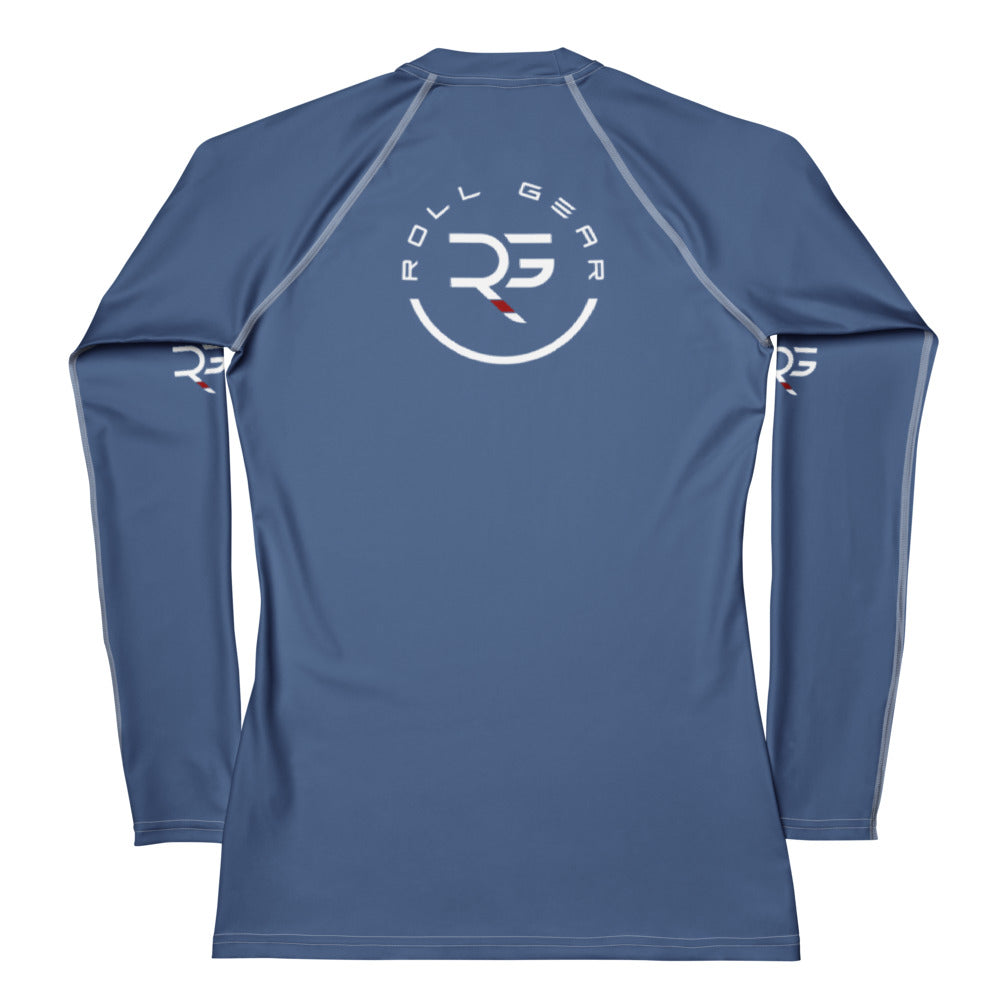 Roll Gear Earned Not Given Long Sleeve Rash Guard – Blue – Women’s, back view, all-over print.