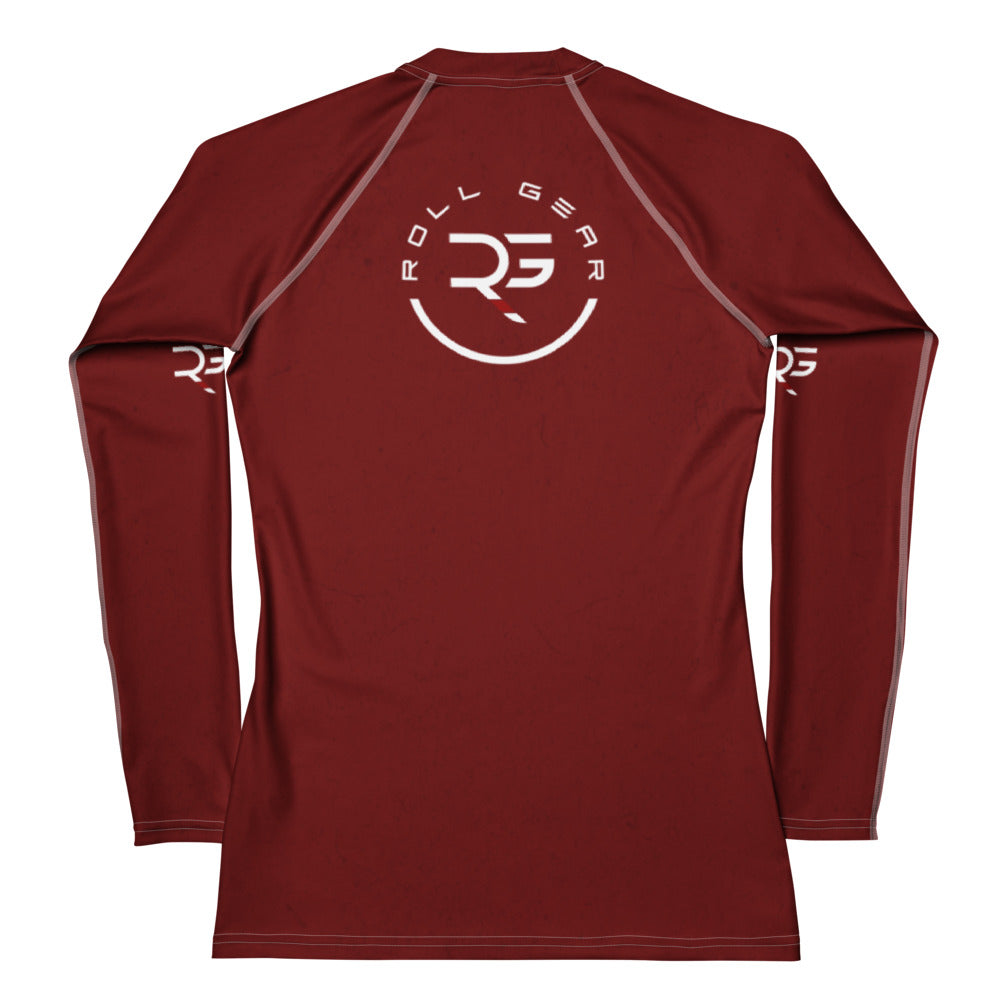 Roll Gear Earned Not Given Long Sleeve Rash Guard – Deep Red – Women’s, back view, all-over print.