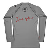 Gray long-sleeve shirt with 'Embrace the Chaos' text and logo on a white background