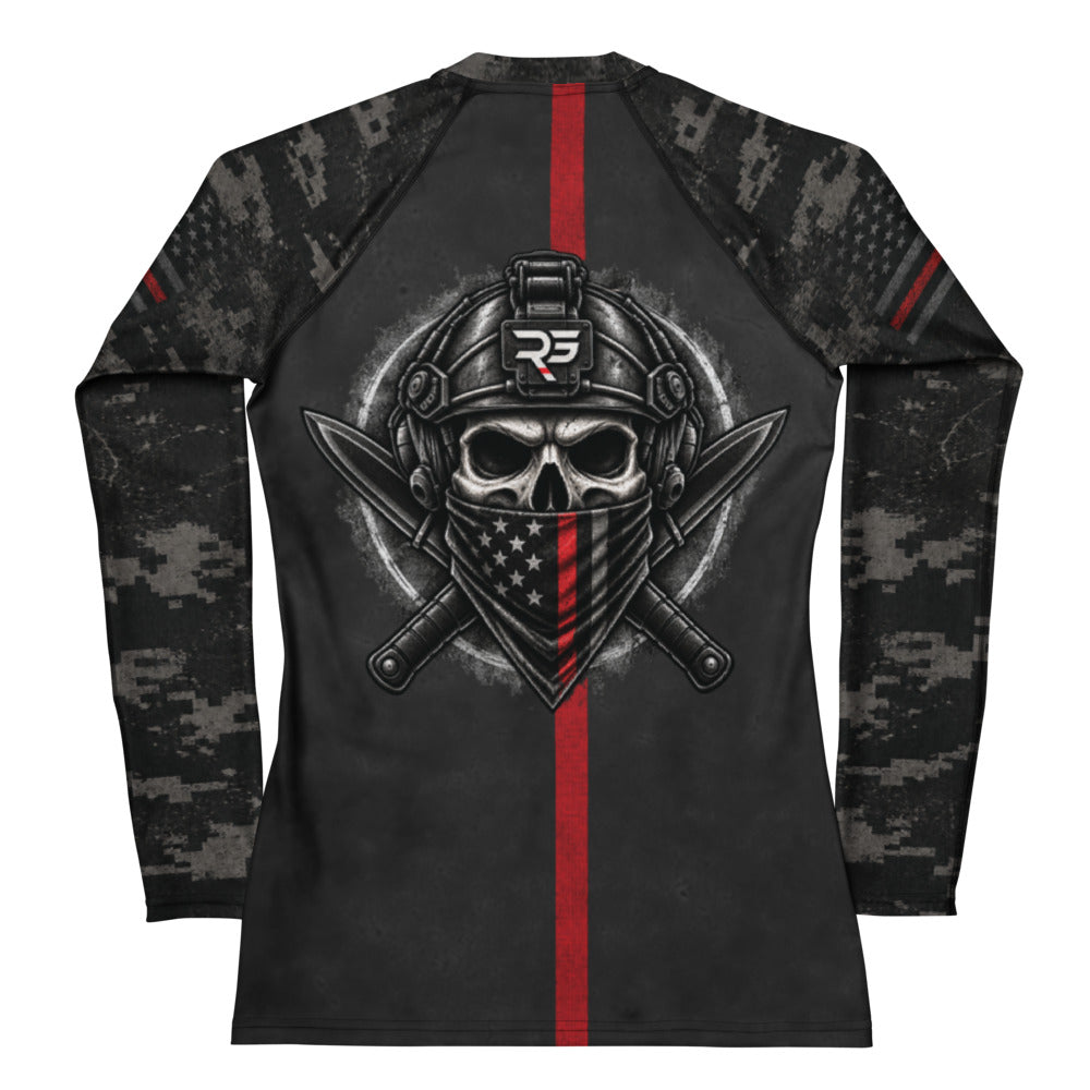 Roll Gear Women's Special Forces Edition Rash Guard, back view, digital camo with thin red line.