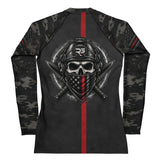 Roll Gear Women's Special Forces Edition Rash Guard, back view, digital camo with thin red line.