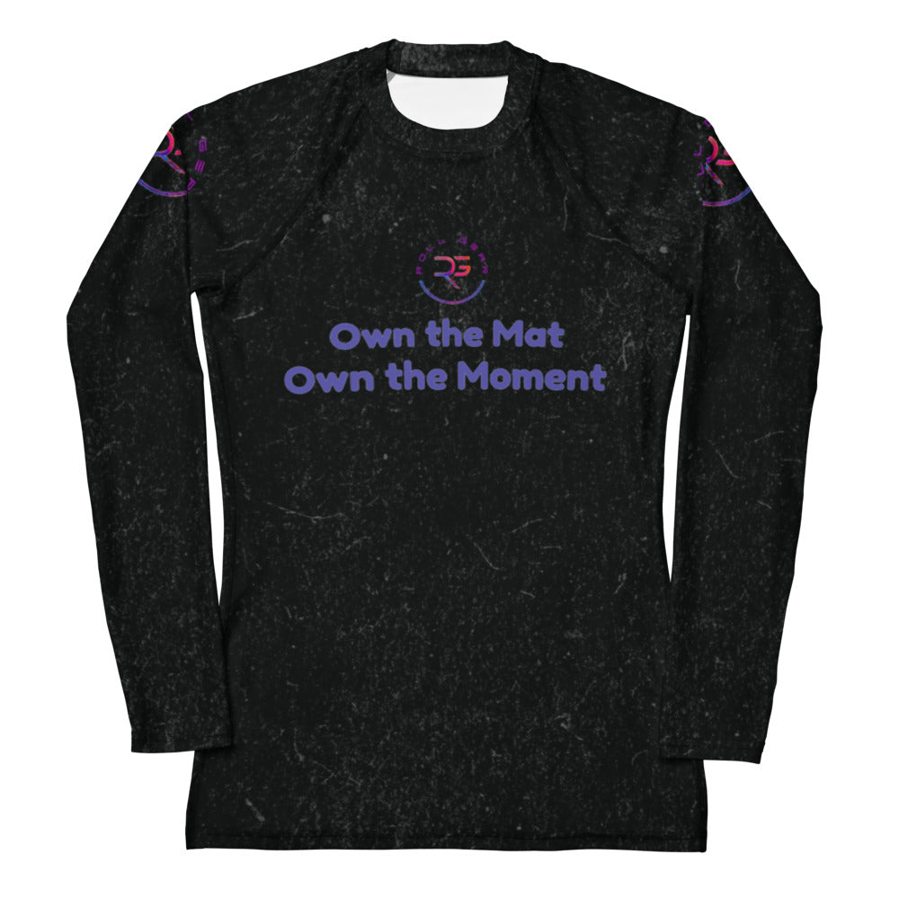 Roll Gear Evolve or Repeat Women’s Rash Guard – Black, front view, all-over print.