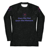Roll Gear Evolve or Repeat Women’s Rash Guard – Black, front view, all-over print.
