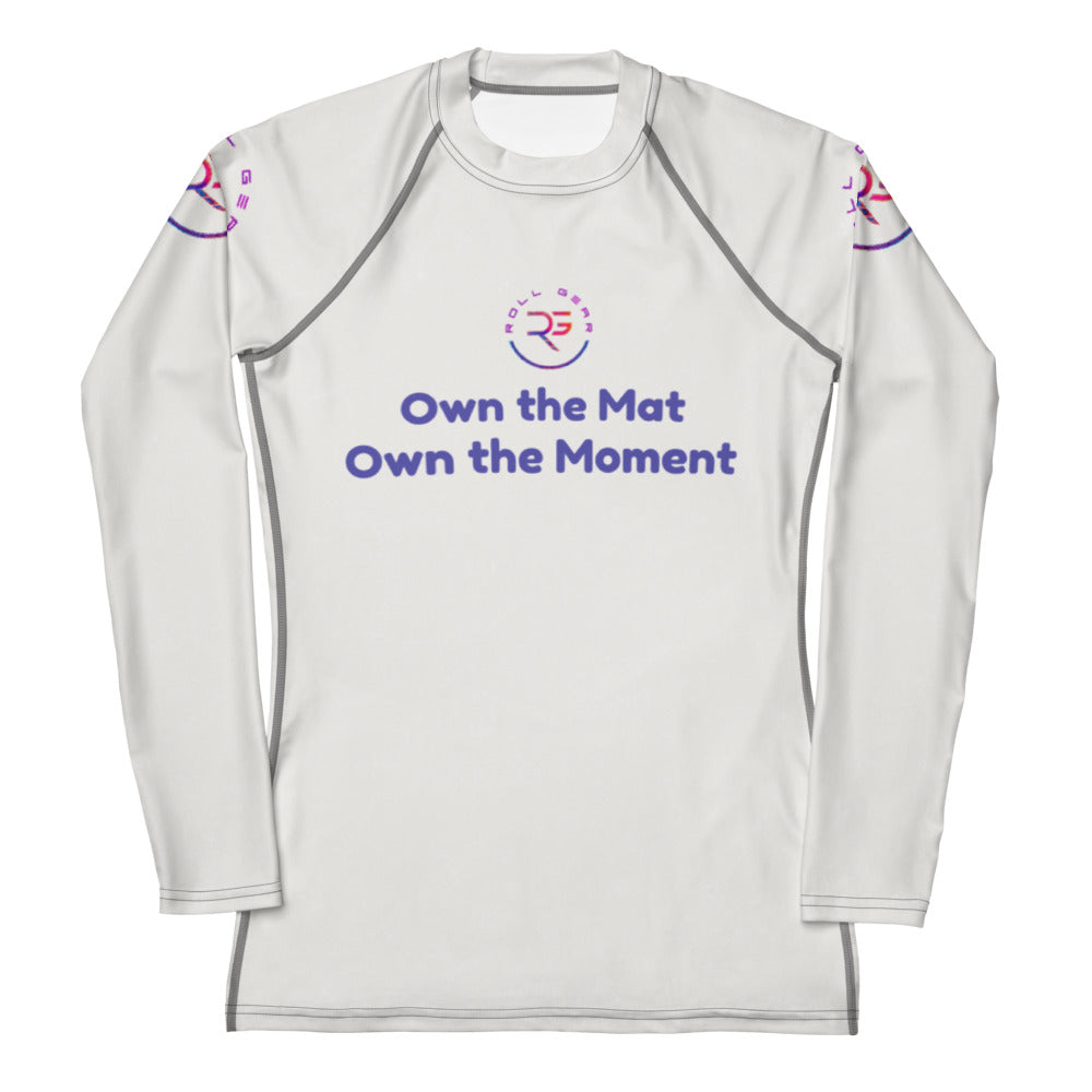 Roll Gear Evolve or Repeat Women’s Rash Guard – White, front view, all-over print.
