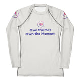 Roll Gear Evolve or Repeat Women’s Rash Guard – White, front view, all-over print.