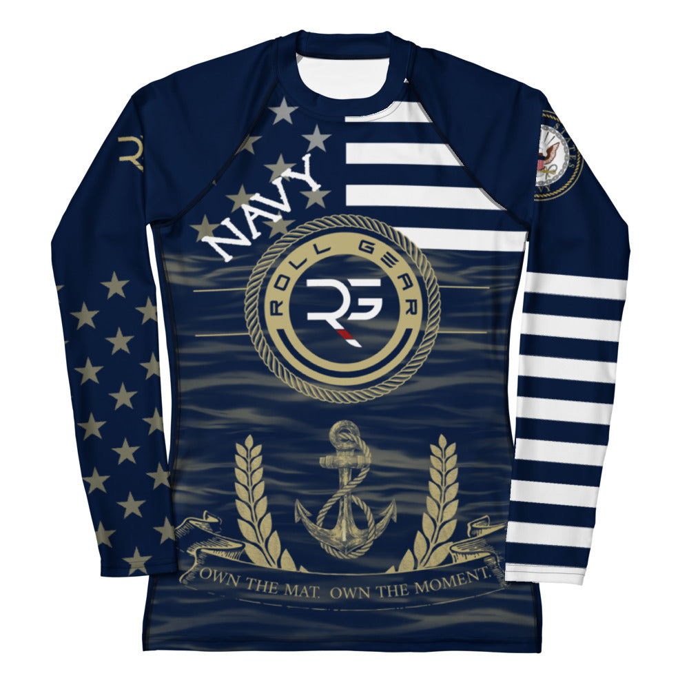 Roll Gear Women's Navy Military Rash Guard - Navy & Gold, front view.