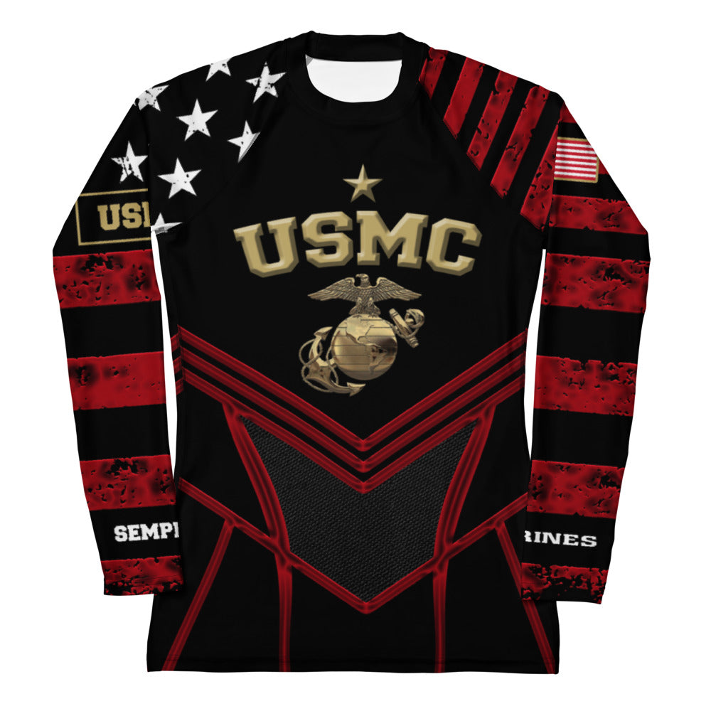 Roll Gear Women's Marines Dress Blues Long Sleeve Rash Guard, front view, all-over print.