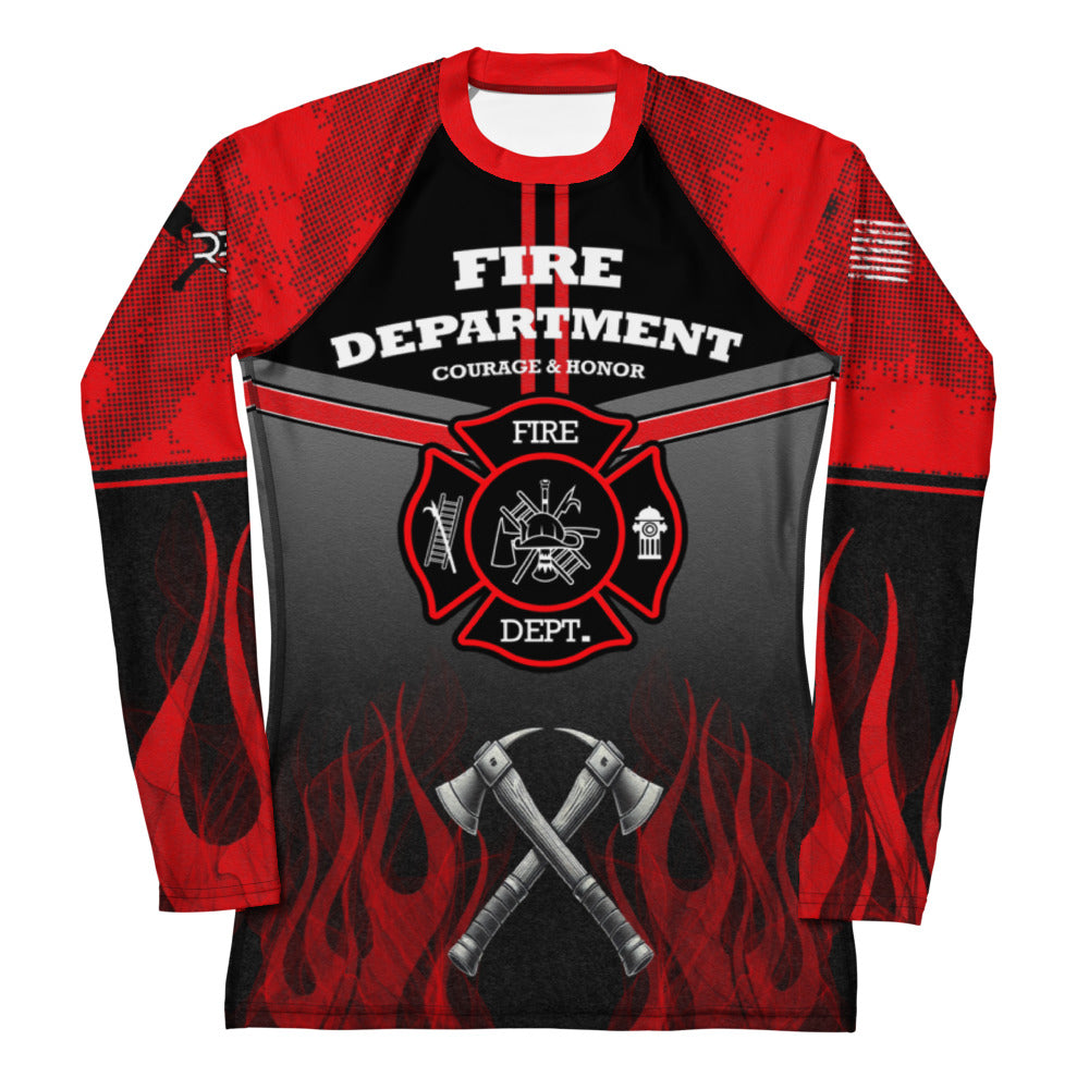 Roll Gear Women's Fire Department Edition Rash Guard - Red, Black & Smoke Grey, front view.