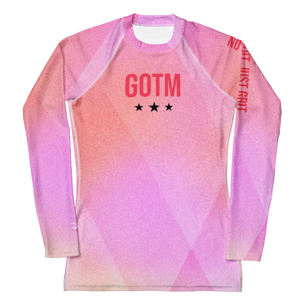 Roll Gear Women's Girls on the Mat Rash Guard - Pink Prism Gradient, front view.