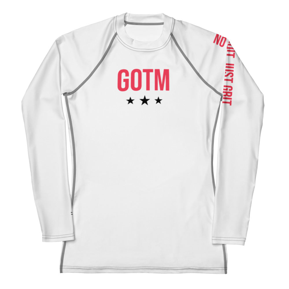 Roll Gear Women's Girls on the Mat BJJ Rash Guard - White Edition, front view.