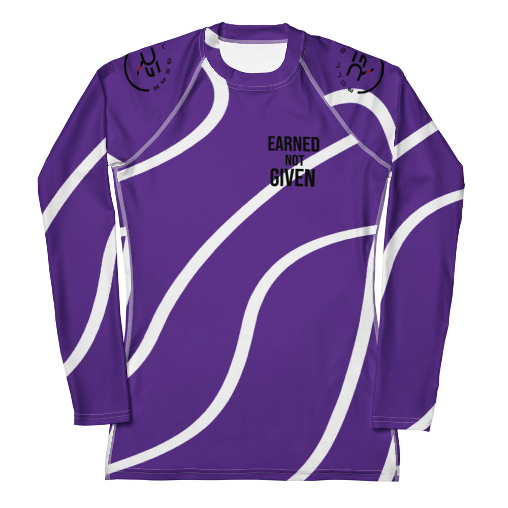 Roll Gear Purple Swirl Rash Guard – Purple/White – Women’s, front view, all-over print.