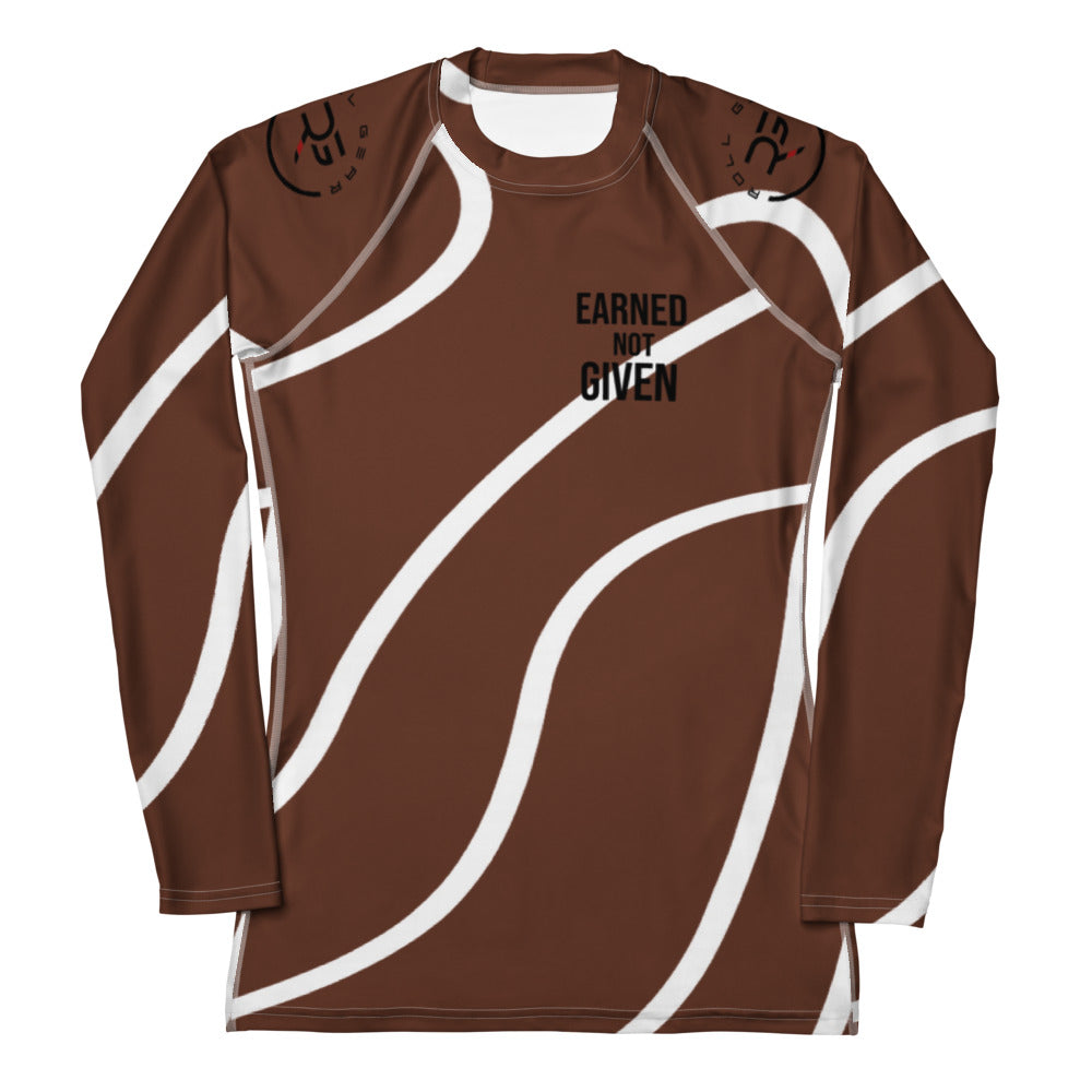 Roll Gear Brown Swirl Long Sleeve BJJ Rash Guard - Brown & White, Women's, front view.