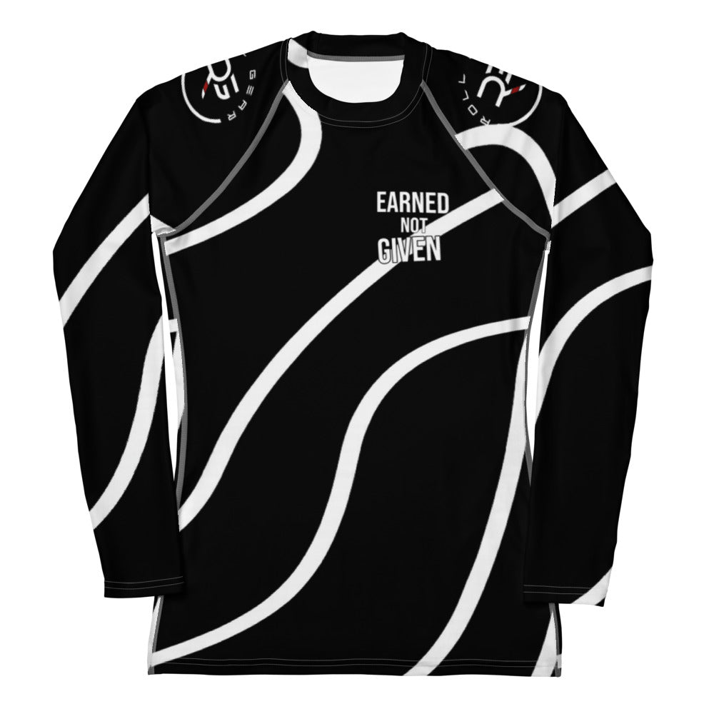 Roll Gear Black Swirl Rash Guard – Black/White – Women’s, front view, all-over print.