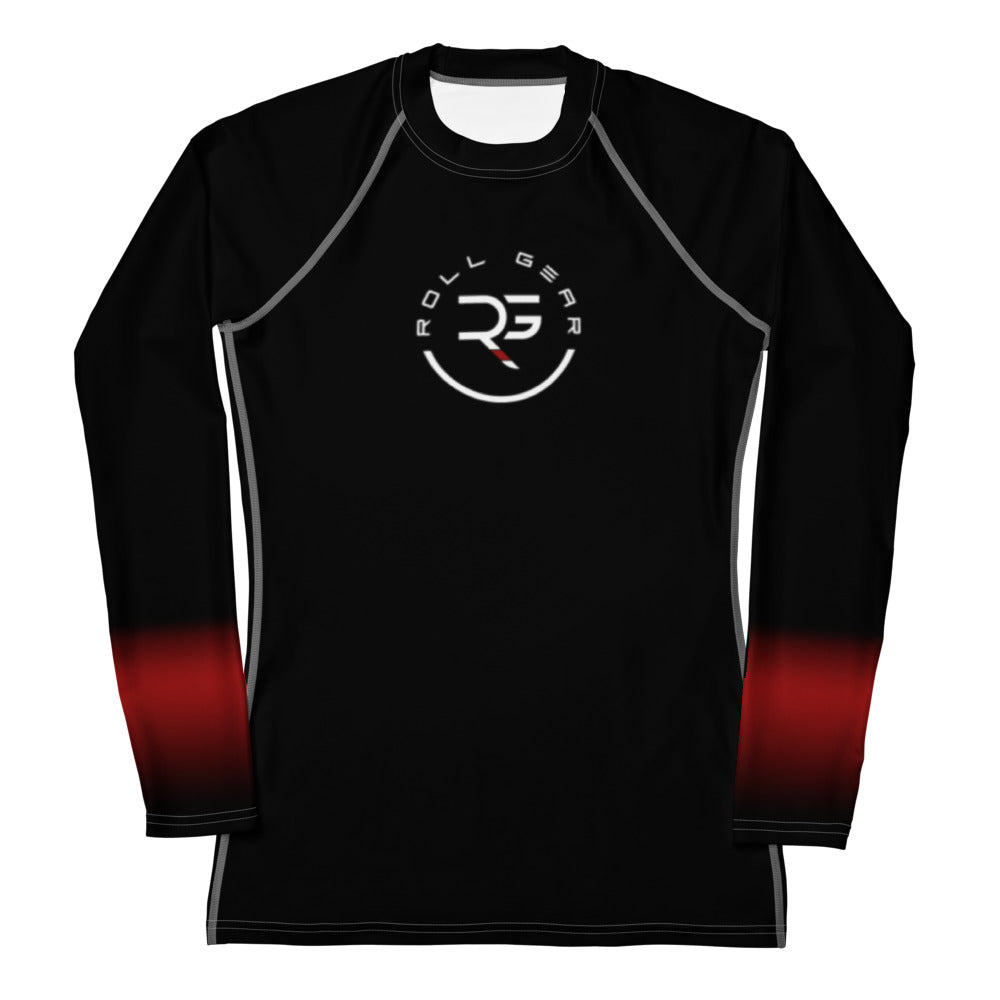 Roll Gear Black Fade Long Sleeve Rash Guard – Black/Red – Women’s, front view, all-over print.