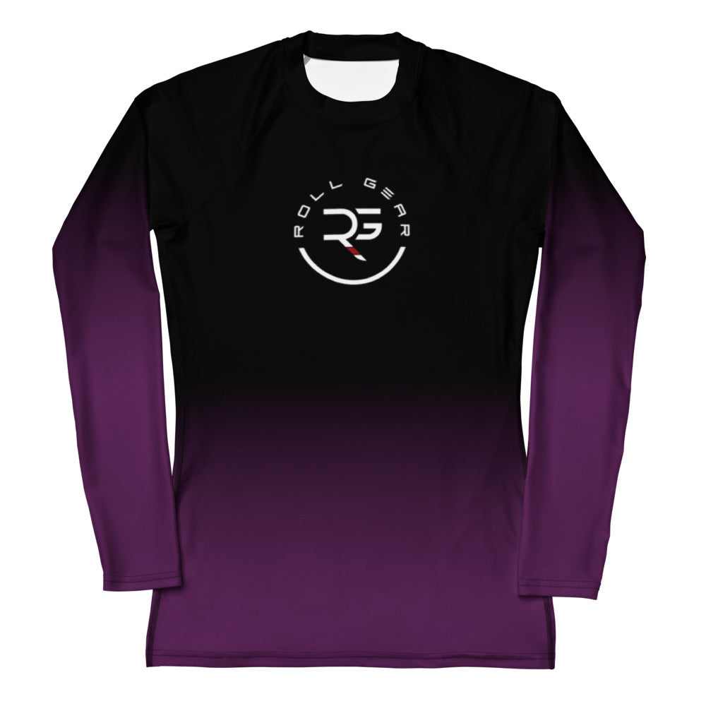 Roll Gear Purple Fade Long Sleeve Rash Guard – Purple/Black – Women’s, front view, all-over print.