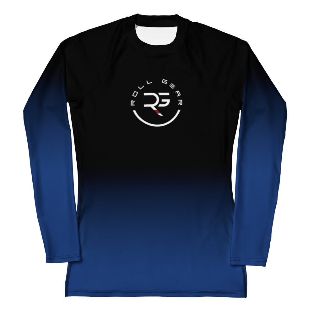 Roll Gear Blue Fade Long Sleeve Rash Guard – Blue/Black – Women’s, front view, all-over print.