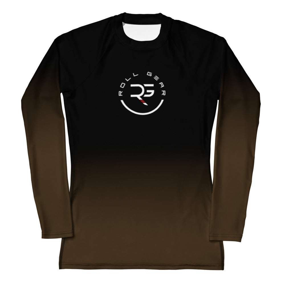 Roll Gear Brown Fade Long Sleeve Rash Guard – Brown/Black – Women’s, front view, all-over print.