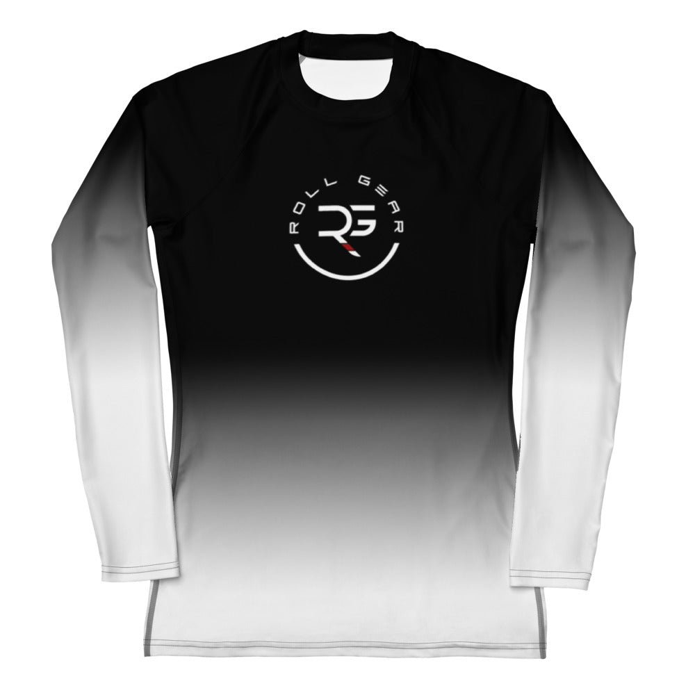 Roll Gear White Fade Long Sleeve Rash Guard – White/Black – Women’s, front view, all-over print.