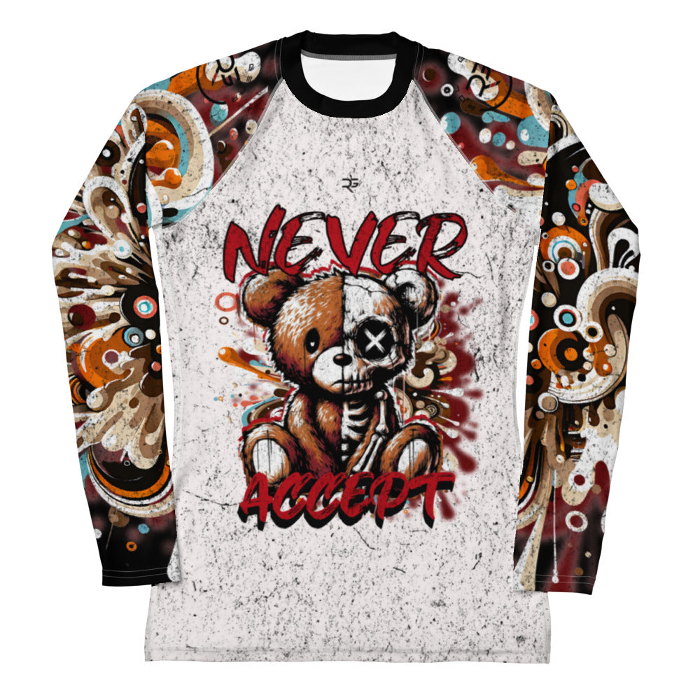 Roll Gear Never Accept Rash Guard – Black – Women’s, front view, all-over print.