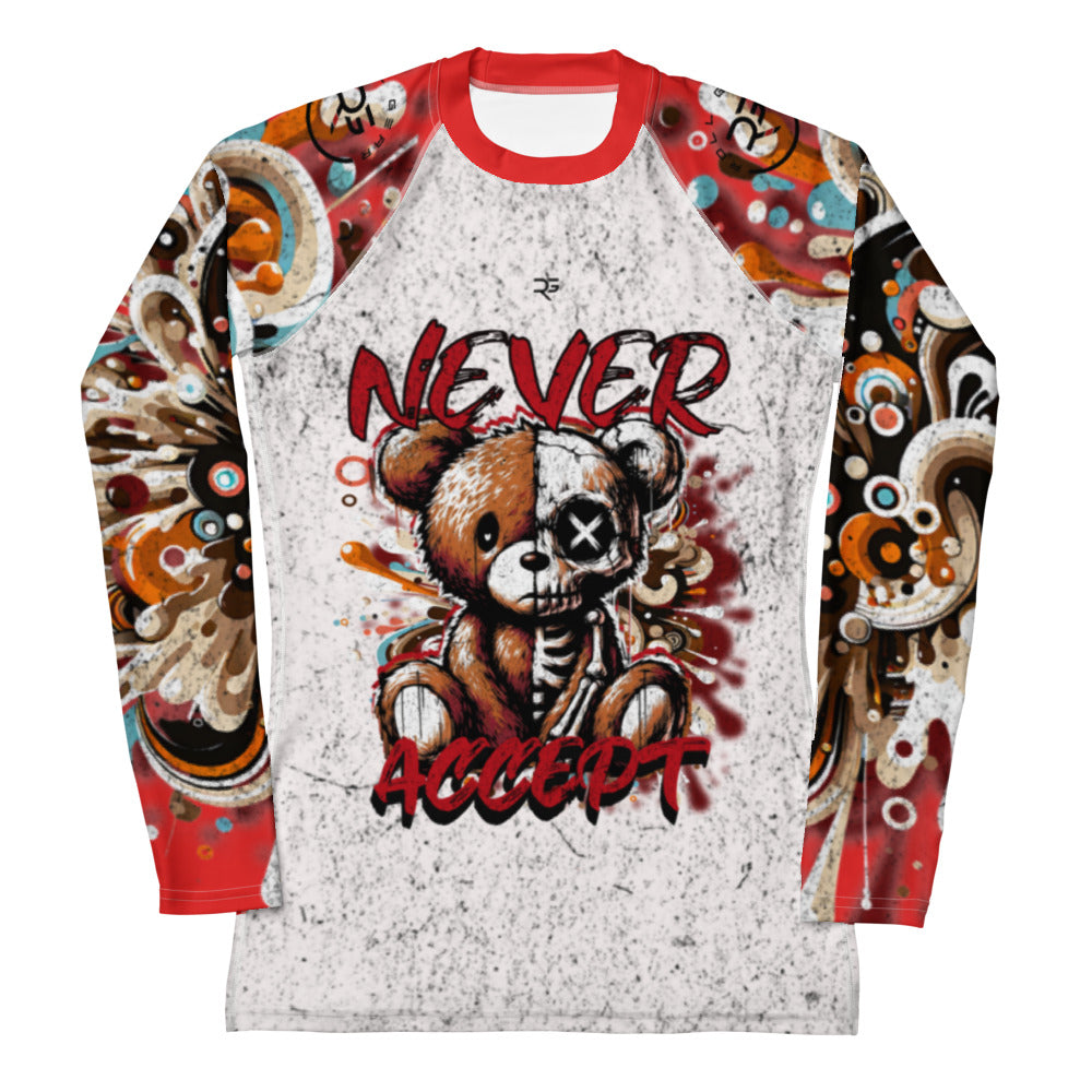 Roll Gear Never Accept Rash Guard – Red – Women's, front view, all-over print.