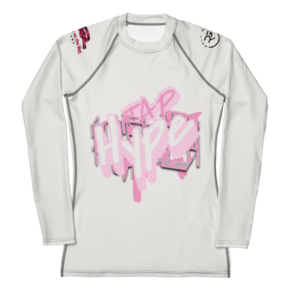 Roll Gear Tap Hype Girls on the Mat Rash Guard – Light Pink & White – Women’s Long Sleeve, front view, all-over print.