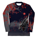 Roll Gear Shadow Dragon Warrior Rash Guard – Dark Navy & Crimson – Women’s Long Sleeve, front view, all-over print.