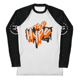 Roll Gear Tap Hype Women’s Long Sleeve Rash Guard – Orange & White, front view, all-over print.
