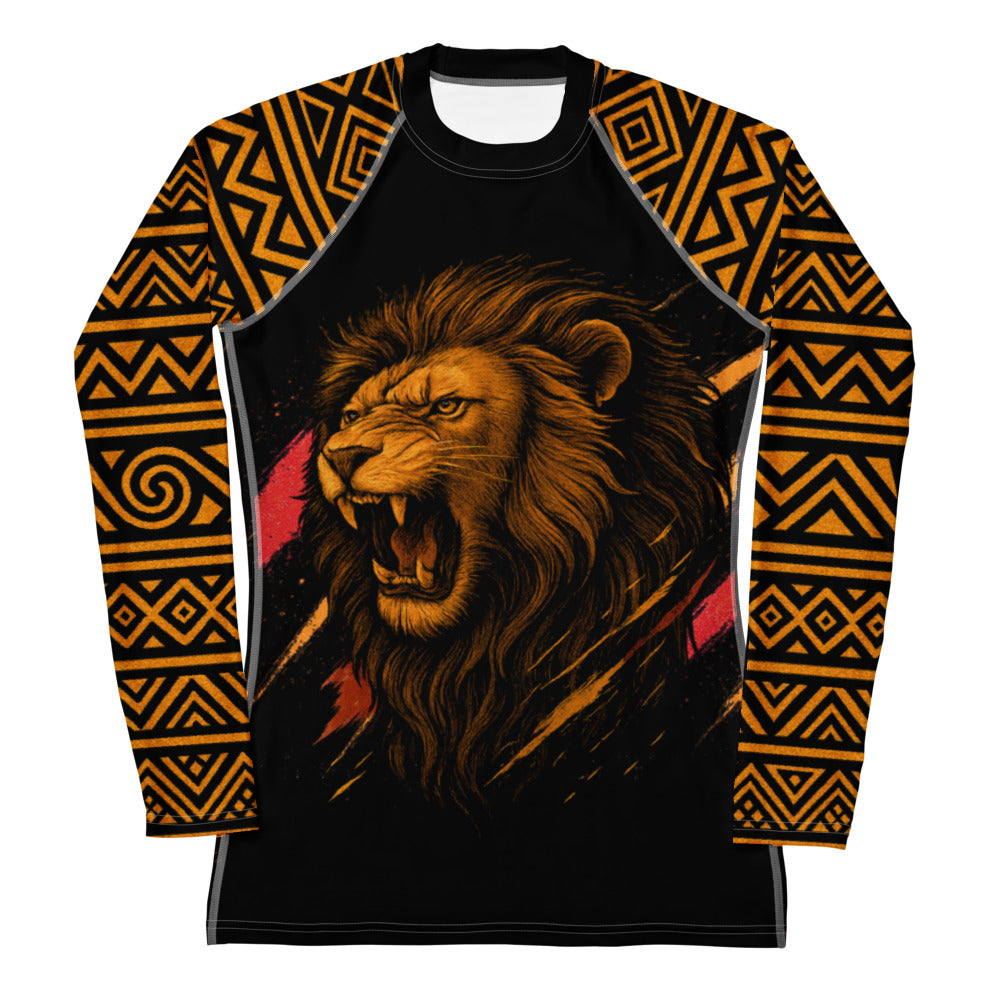 Roll Gear Lion’s Pride Women’s Long Sleeve Rash Guard – Black & Gold, front view, all-over print.