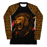 Roll Gear Lion’s Pride Women’s Long Sleeve Rash Guard – Black & Gold, front view, all-over print.