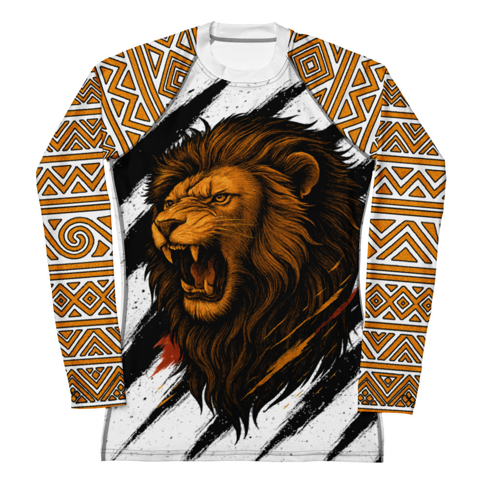 Roll Gear Lion’s Pride Women’s Long Sleeve Rash Guard – White & Gold, front view, all-over print.