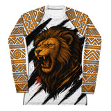 Roll Gear Lion’s Pride Women’s Long Sleeve Rash Guard – White & Gold, front view, all-over print.